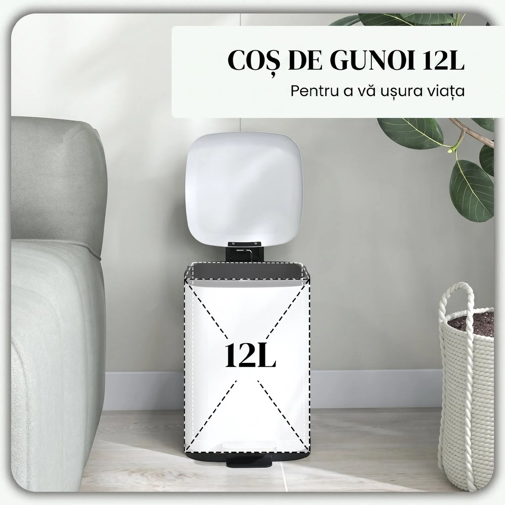 HOMCOM Coș de Gunoi de 12L cu Pedală, Închidere Silențioasă, din Metal și Plastic PP, 24,5x32x34,5 cm, Alb | Aosom Romania