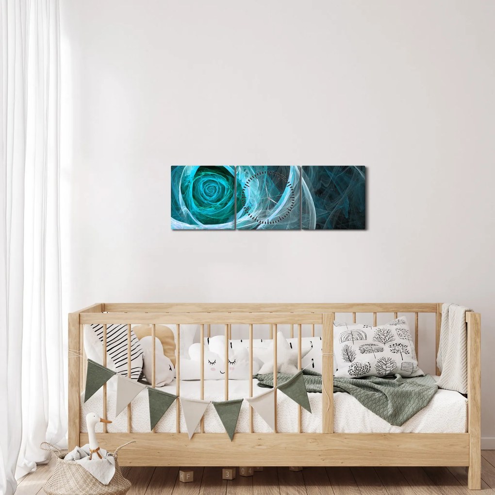 Tablou - Abstract trandafir albastru cu fundal negru (cu ceas) (90x30 cm)