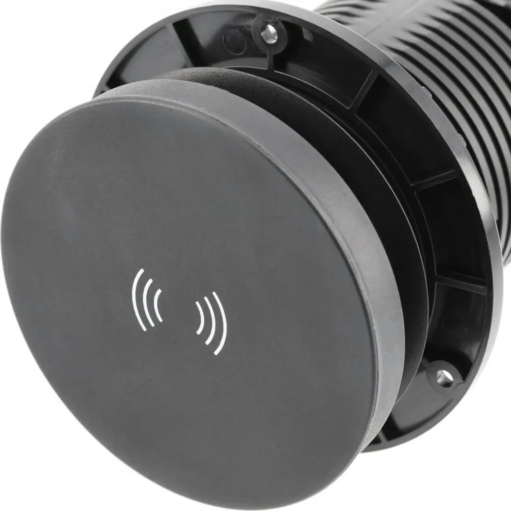 Priză încorporabilă în blat Camino GTV, încărcător wireless 10W, 2 prize Schuko, USB A + C, negru, D:80 mm D:80 mm, Aluminiu/Plastic, Negru