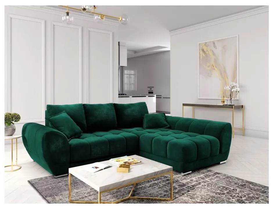 Colțar extensibil cu tapițerie de catifea și șezlong pe partea dreaptă Windsor & Co Sofas Nuage, verde smarald