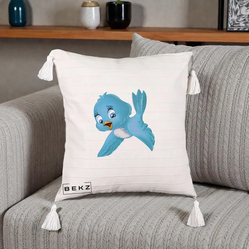 Perna Decorativa Pui de Pasare Albastru, 40x40 cm, Bej cu Franjuri, Husa Detasabila, Perna Inclusa, BEKZ®