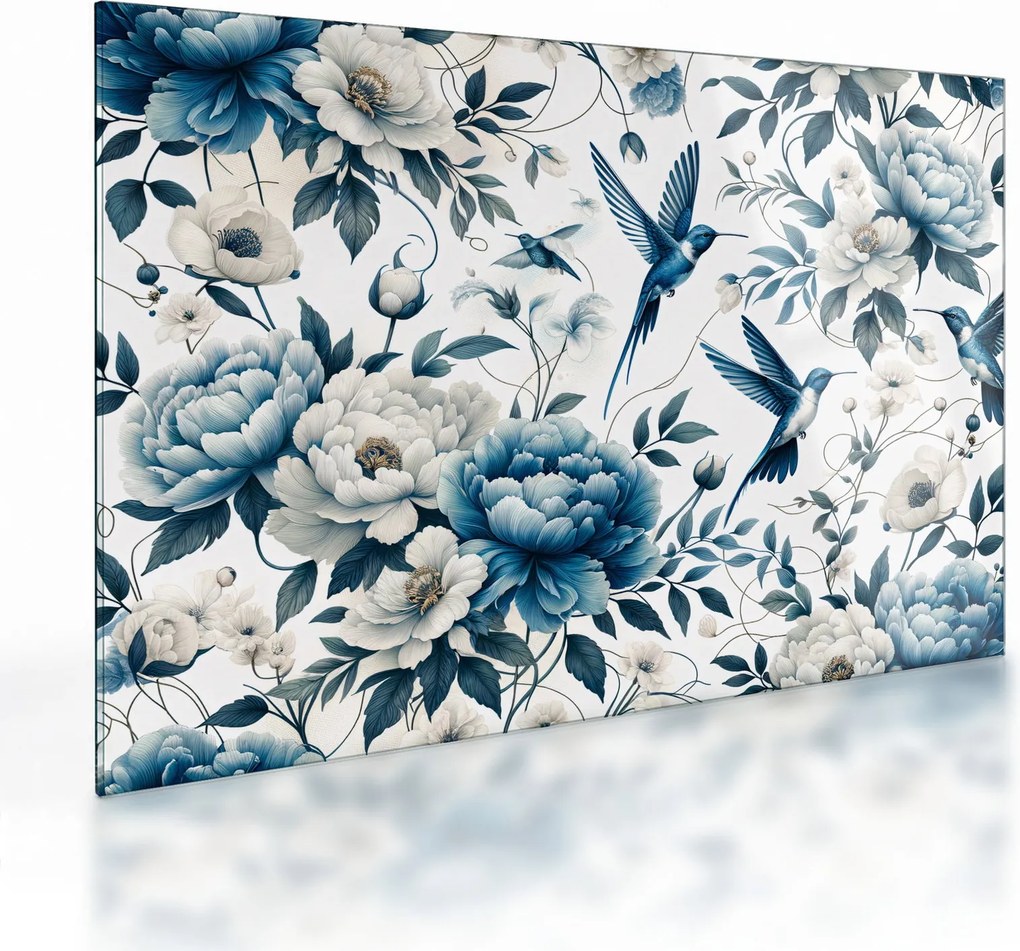 Tablou pe sticlă - Colibri cu flori (70x50 cm)