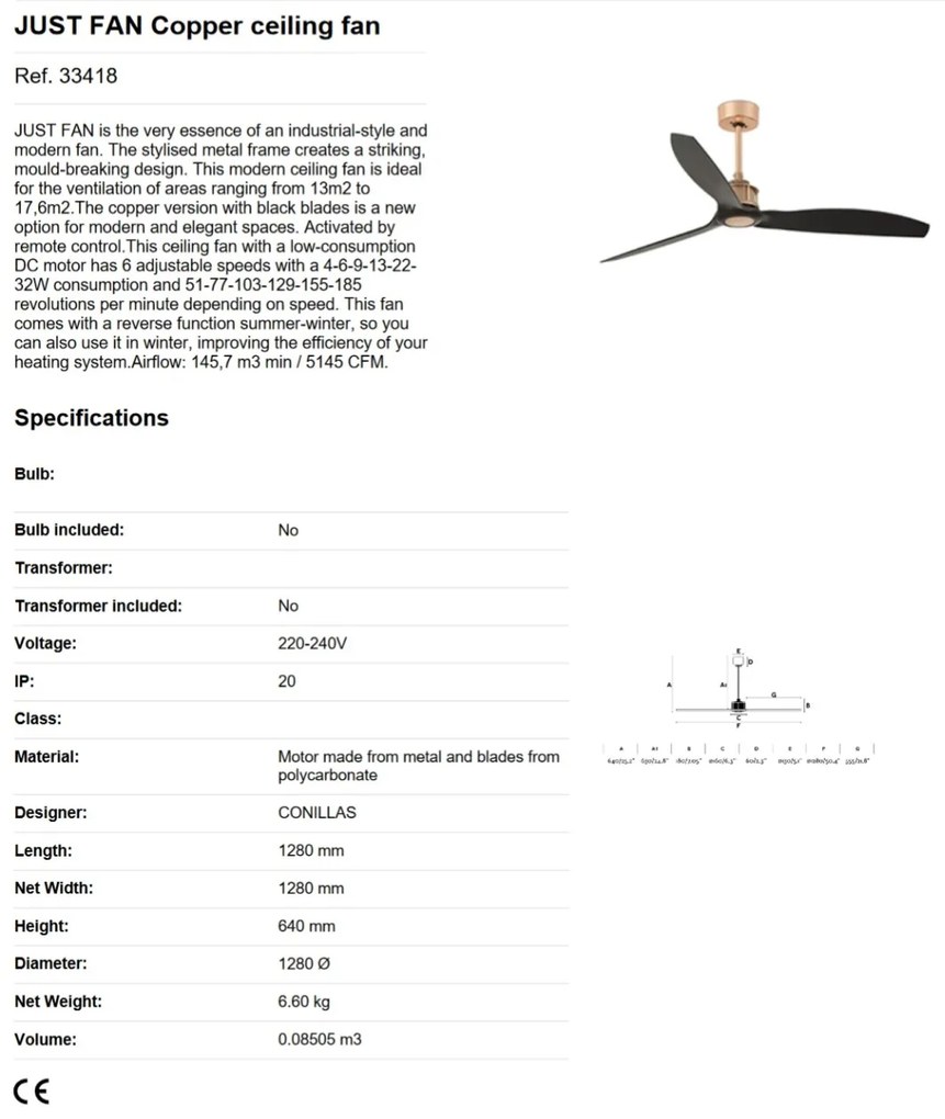 Ventilator de tavan cu telecomanda design modern JUST FAN cupru