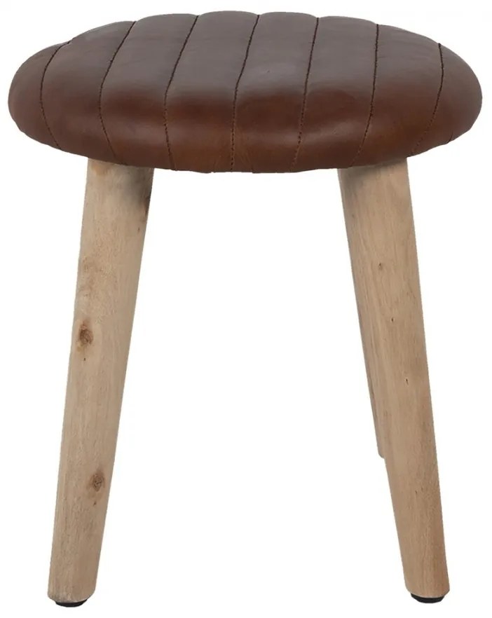 Taburet rotund din piele maro, stil industrial, 36x36x40 cm