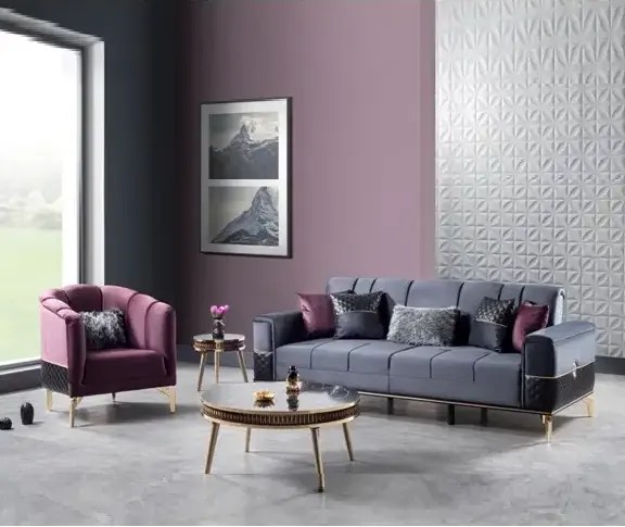 Canapea extensibila cu 3 locuri living – stofa gri, detalii aurii – Extra