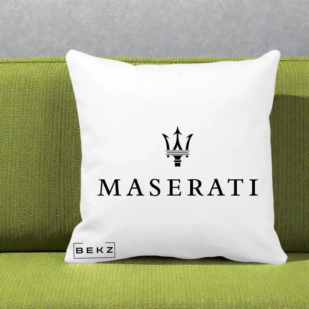 Perna Personalizata cu emblema Maserati, 40x40 cm, Alba Mata, Husa Detasabila, Perna Inclusa, BEKZ®
