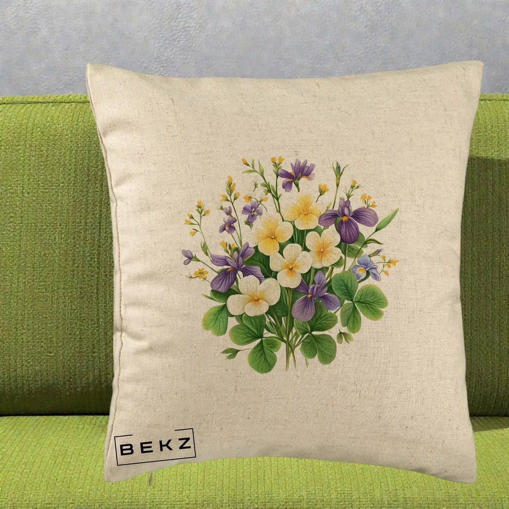 Perna Decorativa Viorele Iris Violet si Trifoi, 40x40 cm, Bej, Husa Detasabila, Perna Inclusa, BEKZ®