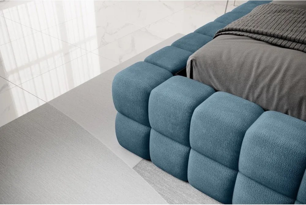 Pat matrimonial albastru tapițat cu spațiu de depozitare cu somieră 140x200 cm Dizzle – ELTAP