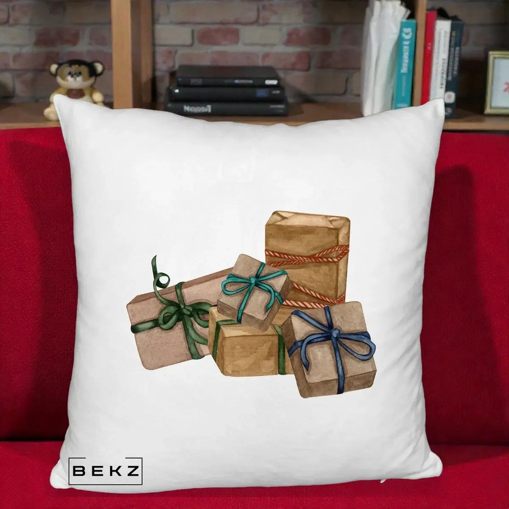 Perna Decorativa Cadouri de Craciun Kraft, 40x40 cm, Alb Pufos, Husa Detasabila, Perna Inclusa, BEKZ®