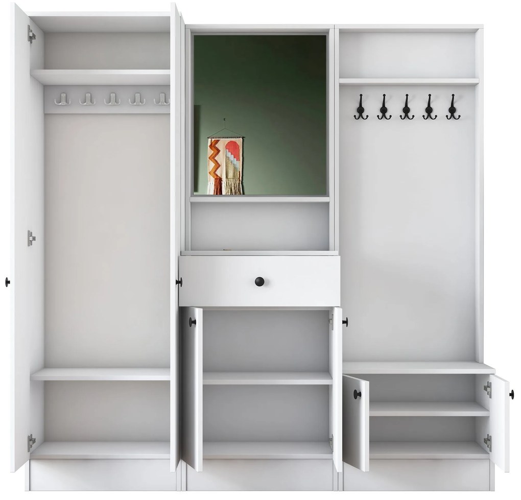 Pantofar Cuier Hol Genus cu 6 usi si oglinda, Alb, 180 x 183 x 37 cm