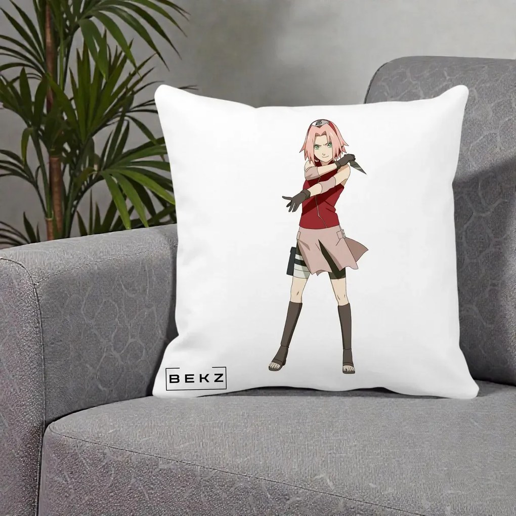 Perna Personalizata Naruto Sakura Haruno Portret, 40x40 cm, Alba Mata, Husa Detasabila, Perna Inclusa, BEKZ®