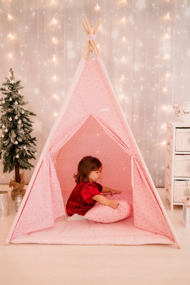 Set Cort de joaca, Gold Stars Teepee Pink, 110 x 110, salteluta, 2 pernite si kit fixare