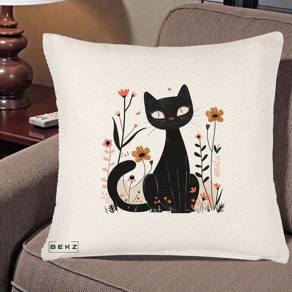 Perna Decorativa Pisica Neagra Flori Pastel Folk, 40x40 cm, Crem Reliefat, Husa Detasabila, Perna Inclusa, BEKZ®