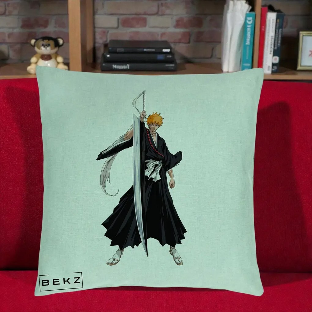 Perna Personalizata Bleach Ichigo Kurosaki Zangetsu, 40x40 cm, Verde Menta, Husa Detasabila, Perna Inclusa, BEKZ®