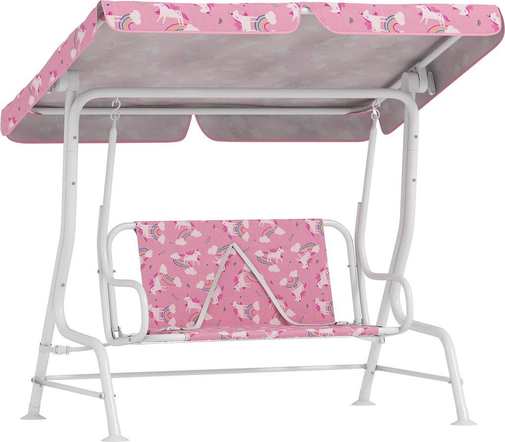 AIYAPLAY Leagăn pentru Copii de Exterior cu 2 Locuri, Acoperiș Reglabil și Centuri de Siguranță, Leagăn Grădină și Interior din Oțel și Material Oxford, Max 60 kg, 112x75x120 cm, Roz | Aosom Romania