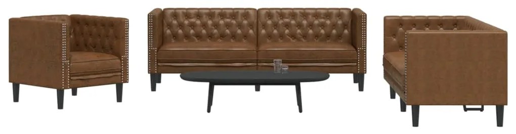 vidaXL Set canapele Chesterfield cu 3 locuri, maro piele întoarsă eco.