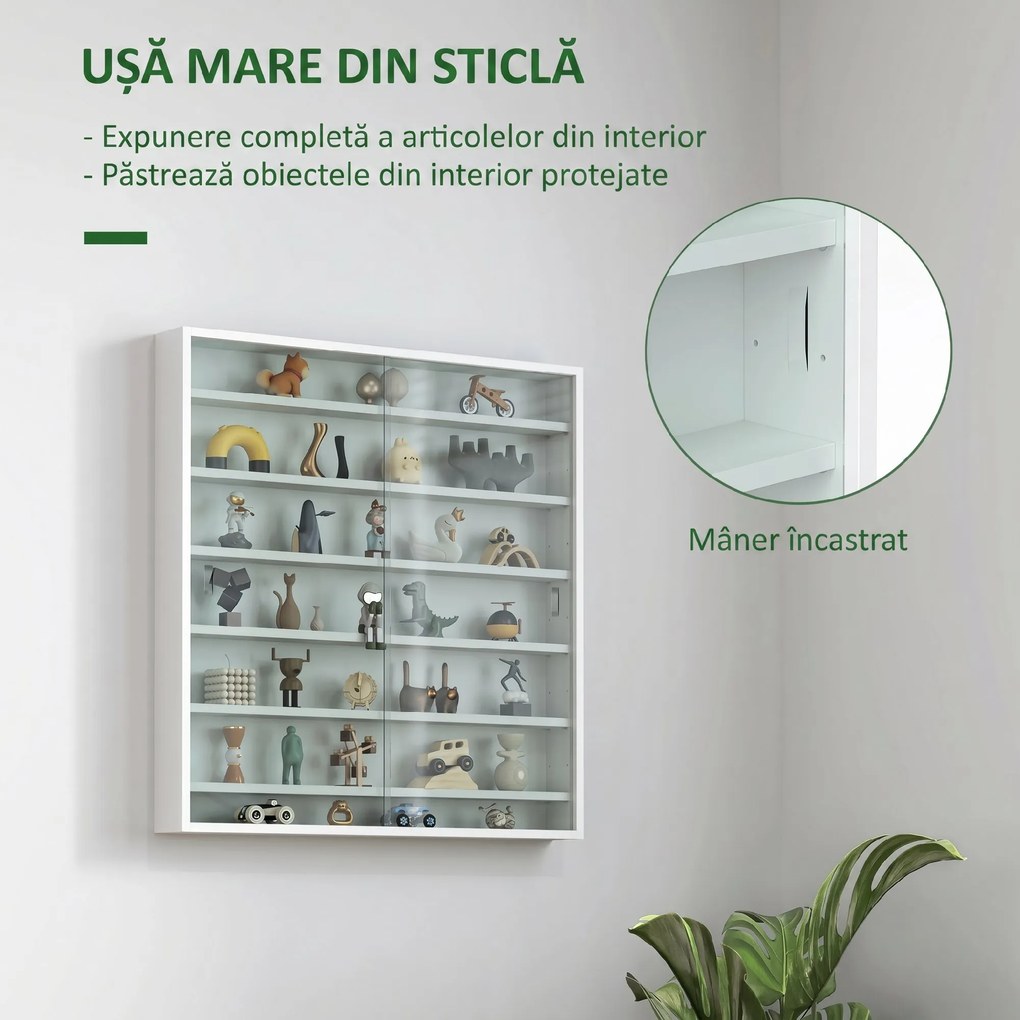 HOMCOM Vitrină pentru obiecte cu 6 rafturi reglabile, din PAL, cu uși din sticlă, 80 x 9,5 x 83 cm, alb | Aosom Romania