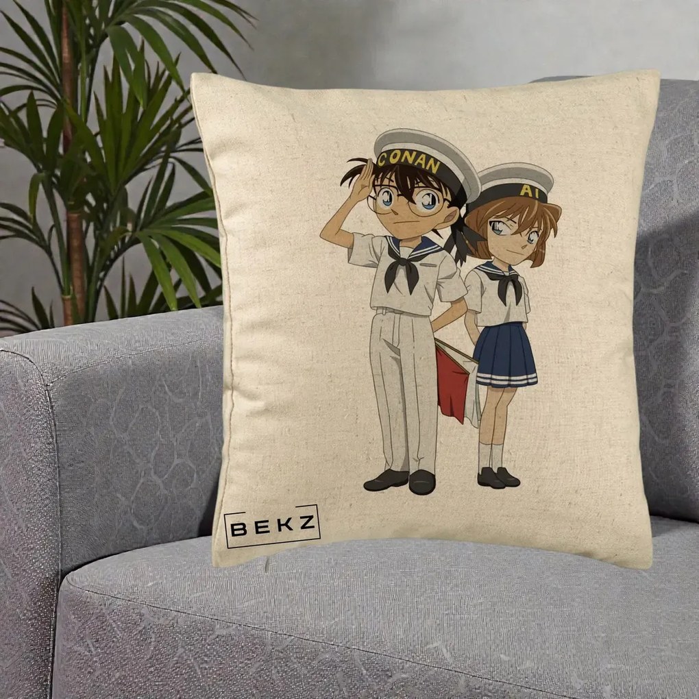 Perna Personalizata Detective Conan Conan si Ai Sailor, 40x40 cm, Bej, Husa Detasabila, Perna Inclusa, BEKZ®