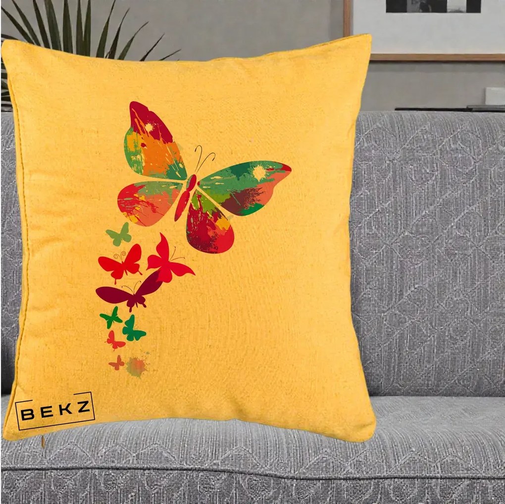 Perna Decorativa Fluturi Splash, 40x40 cm, Galben, Husa Detasabila, Perna Inclusa, BEKZ®