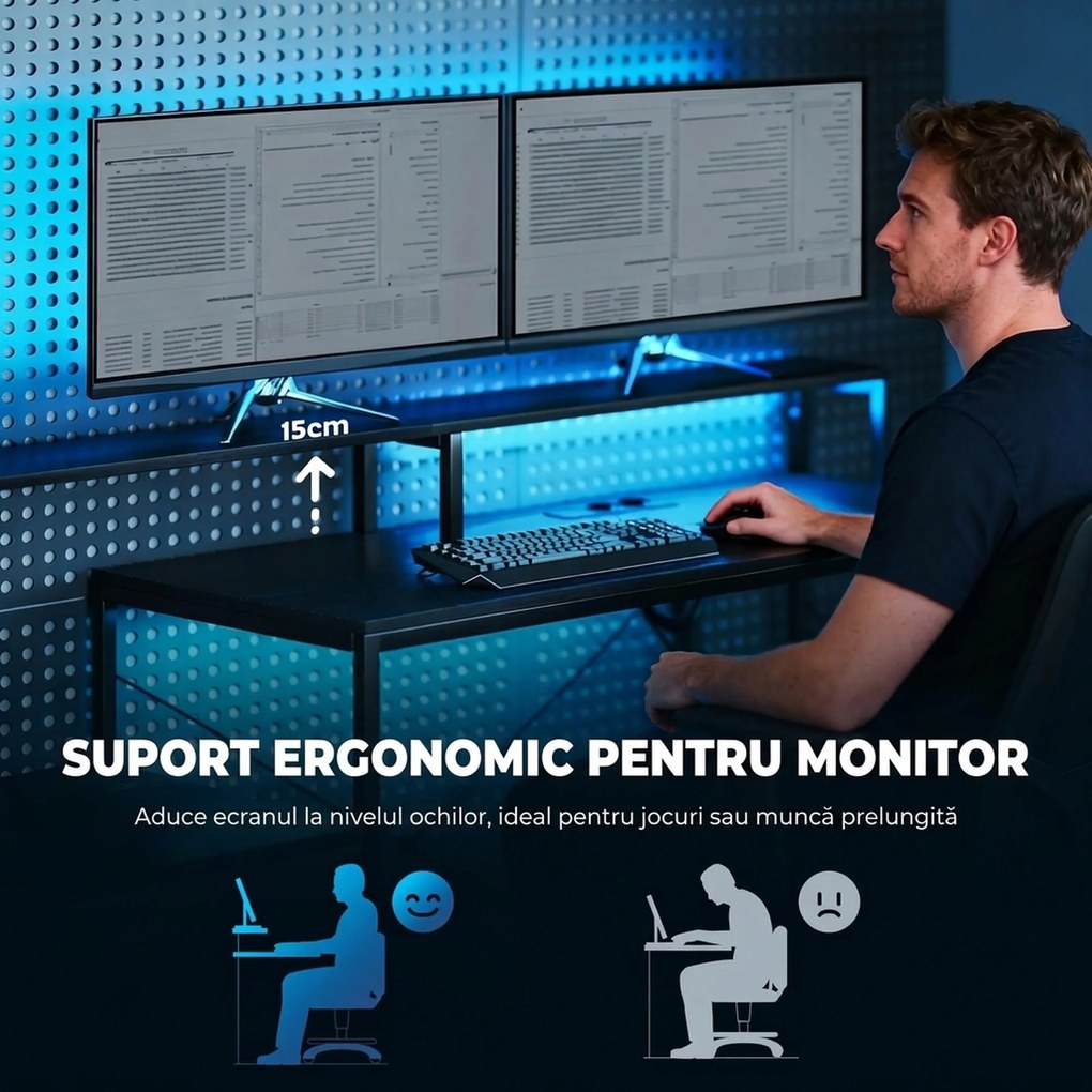 HOMCOM Birou Gaming în formă de L cu prize multiple, LED-uri, 165x80 cm, birou PC cu 2 sertare din material textil, 2 rafturi deschise, măsuță laterală și 2 suporturi monitor, din PAL și oțel, Negru | Aosom Romania