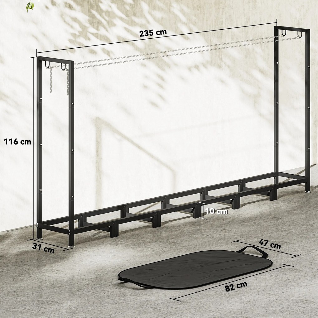 Outsunny Suport de Lemne din Metal 0.8m³ cu Preș Impermeabil și Lanțuri 235x31x116cm | Aosom Romania