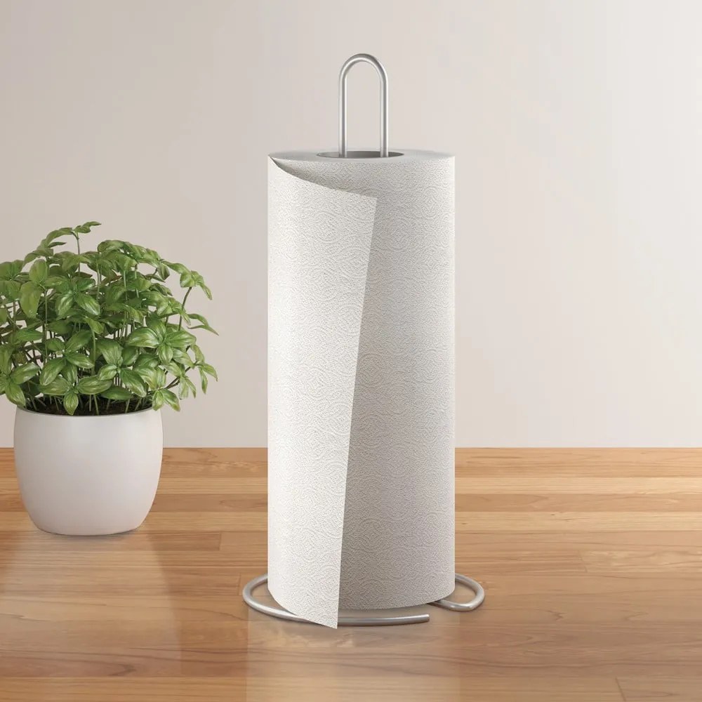Suport vertical pentru prosoape de bucătărie din hârtie argintiu lucios din oțel ø 14 cm Luxy – Metaltex