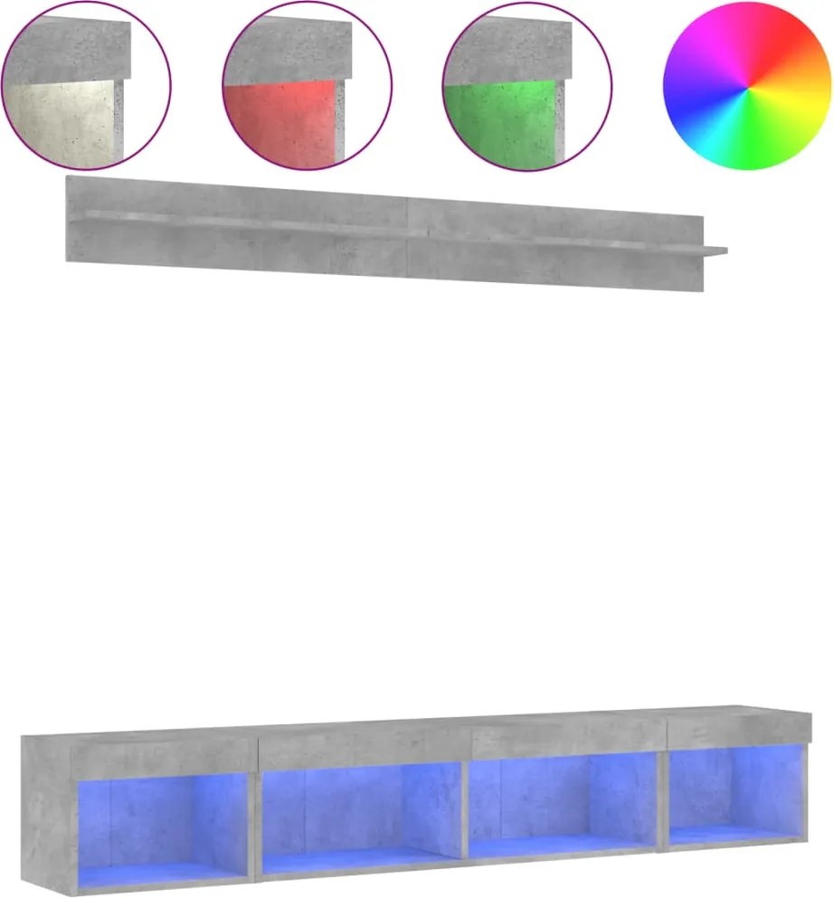 vidaXL Unități TV de perete cu LED-uri 5 piese gri beton lemn compozit