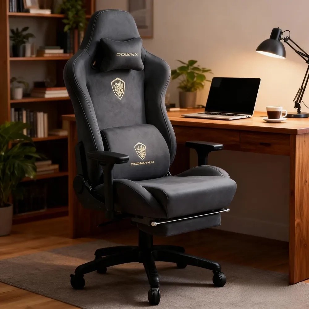 RESIGILAT- DOWINX 68A - Scaun Gaming Ergonomic, Extra-Lat și Construcție Heavy-Duty, Masaj in perna lombara, Material Textil respirabil, Suport picioare, Roti Silicon, Rezistent 150 kg, Gri Inchis