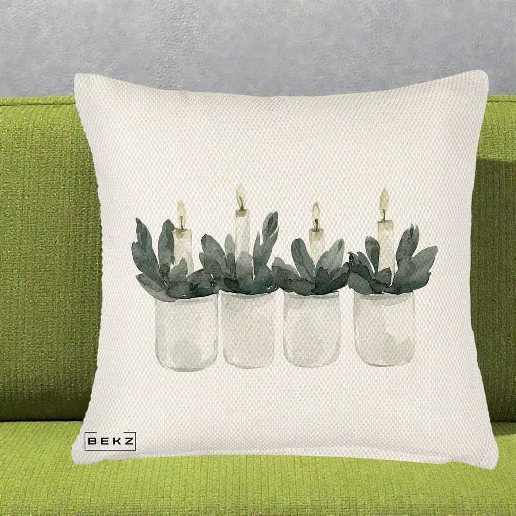 Perna Decorativa Lumanari in Borcane cu Eucalipt, 40x40 cm, Crem Reliefat, Husa Detasabila, Perna Inclusa, BEKZ®