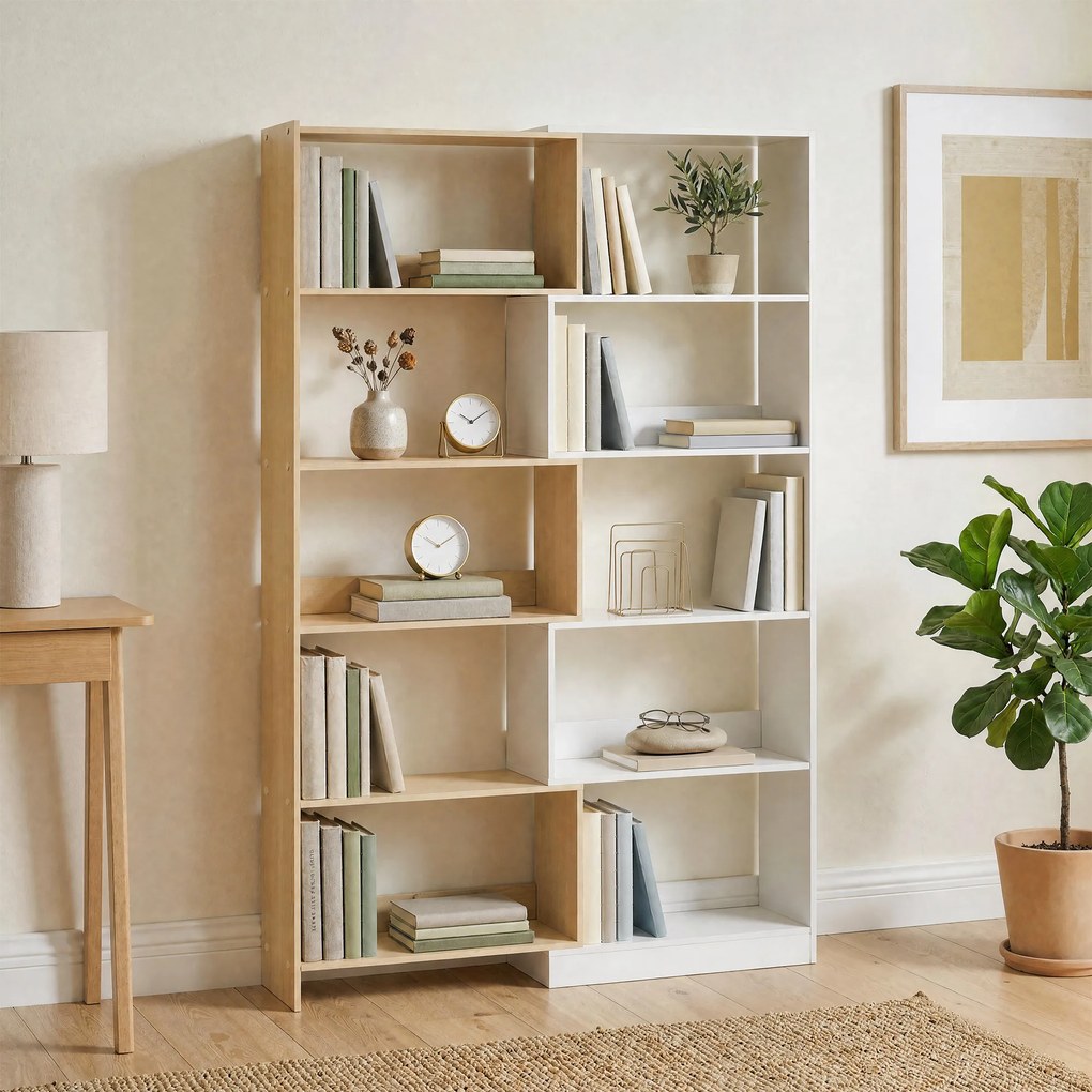 HOMCOM Bibliotecă de Colț cu 5 Polițe, Design Rotativ 350°, Lemn/Alb | Aosom Romania