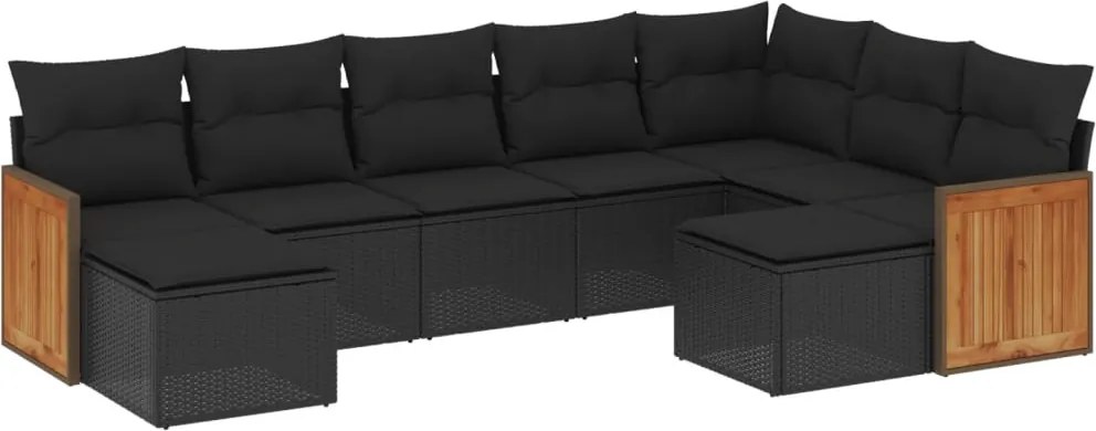 vidaXL Set mobilier de grădină cu perne, 9 piese, negru, poliratan