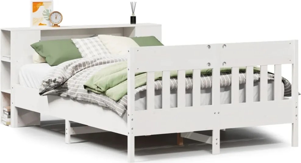 vidaXL Pat cu bibliotecă fără saltea, alb, 120x190 cm, lemn masiv pin