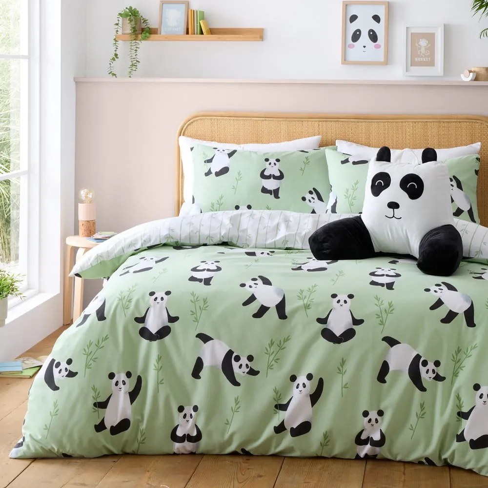 Lenjerie de pat pentru copii verde pentru pat dublu 200x200 cm Panda Paws – Catherine Lansfield