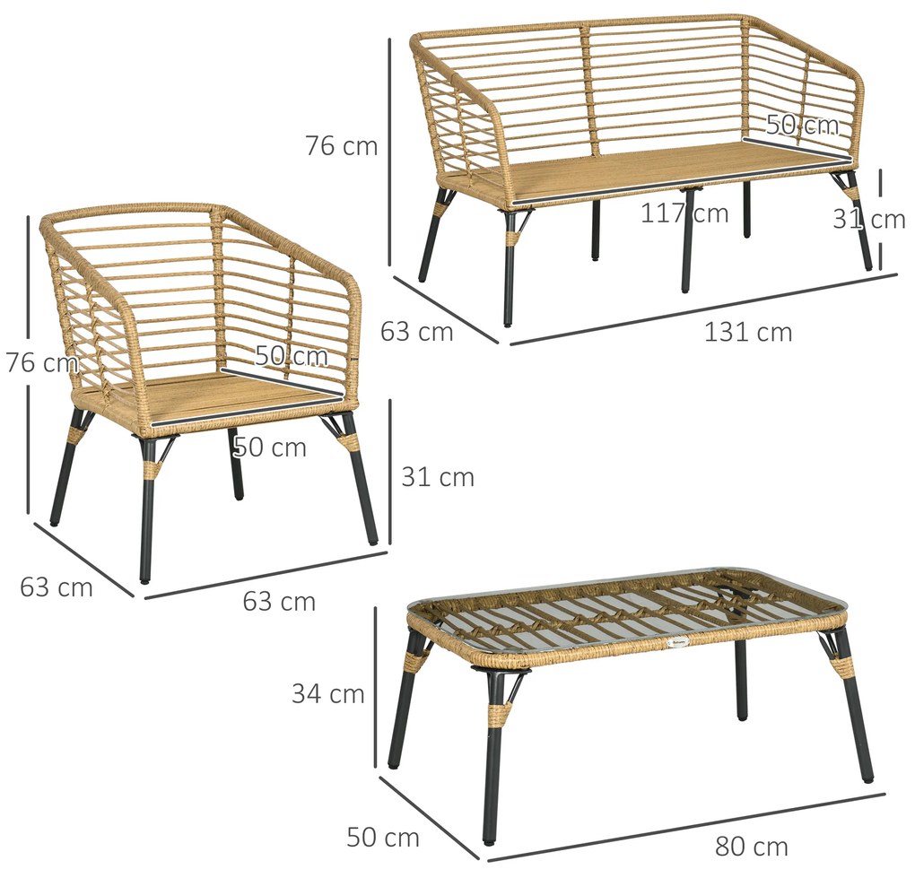 Outsunny Set Mobilier de Grădină din Ratan cu Canapea, 2 Fotolii cu Perne și Măsuță, 131x63x76 cm, Gri Închis | Aosom Romania