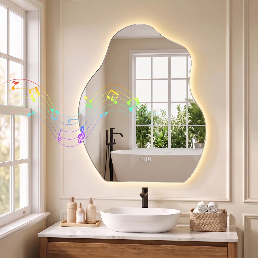 HOMCOM Oglindă baie LED 80 x 60 cm, 3 culori, design neregulat, Bluetooth, antiaburire, touch | Aosom Romania