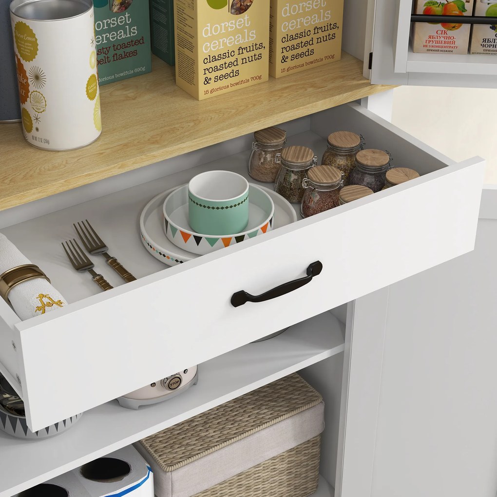 HOMCOM Credință bucătărie bufet bucătărie, 4 uși, 6 rafturi cu uși, 1 sertar și rafturi reglabile 76,5 x 40 x 181 cm alb | Aosom Romania