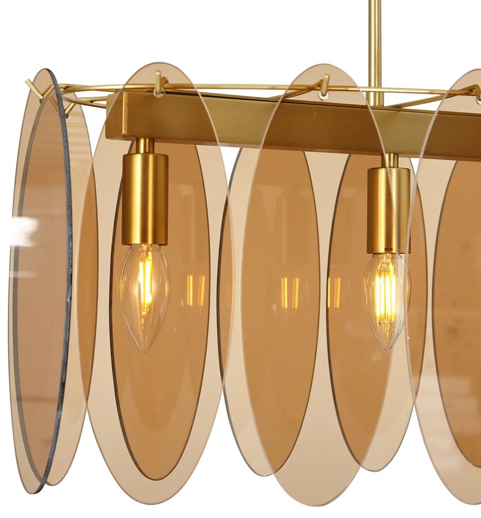 Lampă suspendată Art Deco aurie cu sticlă ovală ambră cu 5 lumini - Mochan