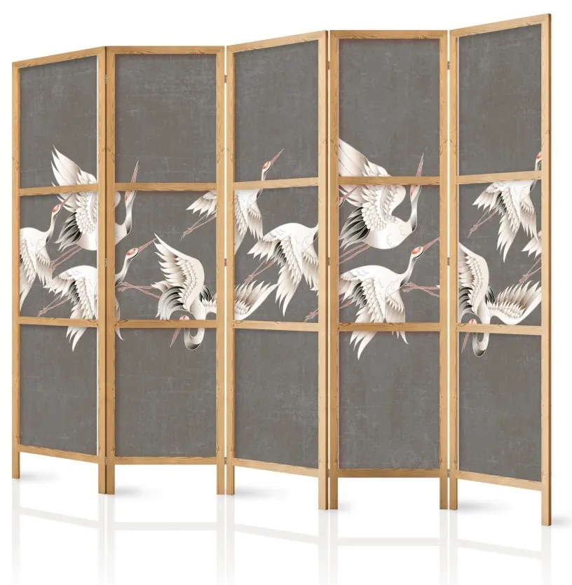 Paravan japonez - Ornament with cranes - bright bird silhouettes on a textured grey background