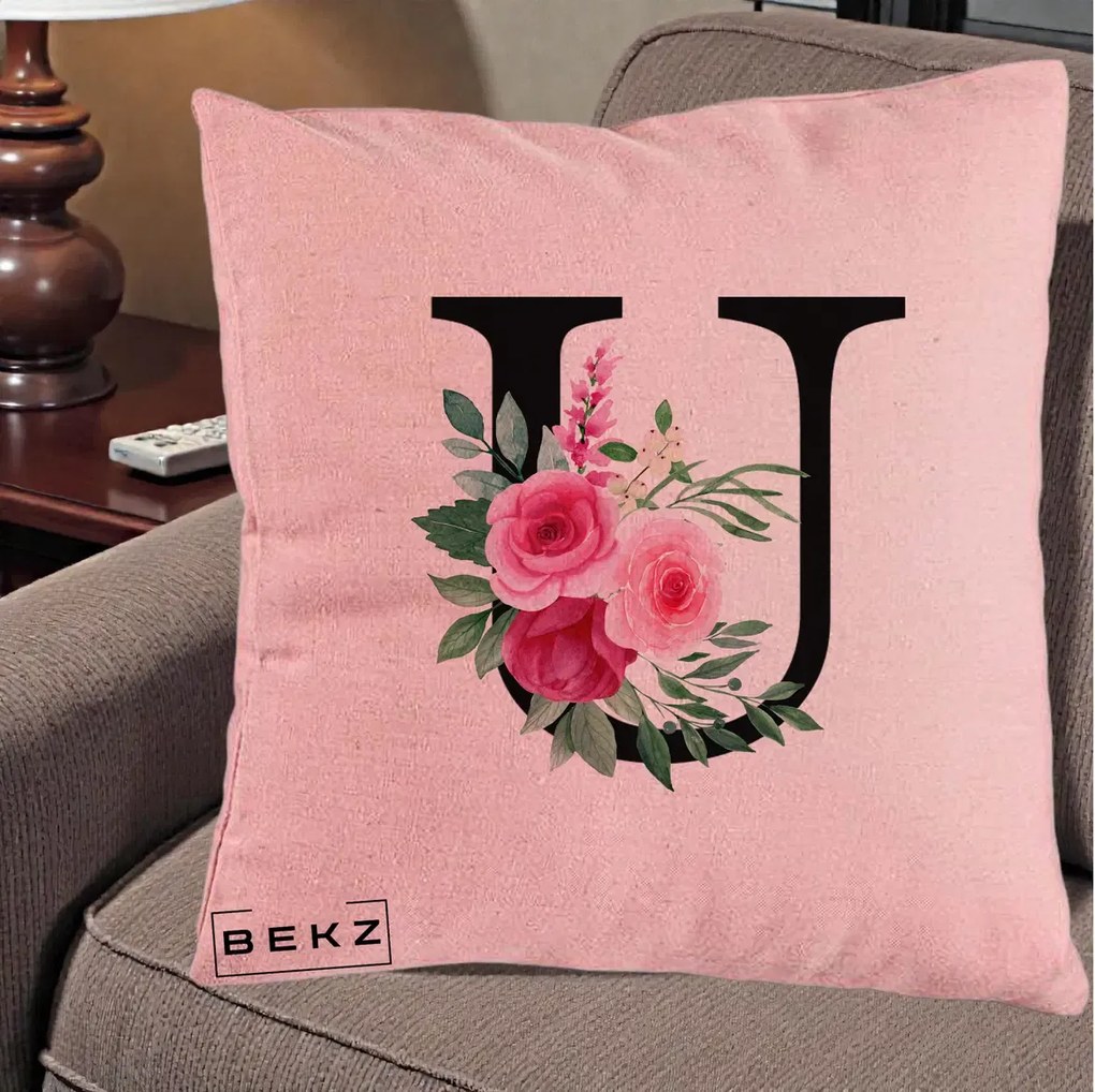 Cadou Personalizat - Perna Personalizata Monograma Florala Litera U, 40x40 cm, Roz, Husa Detasabila, Perna Inclusa, BEKZ®