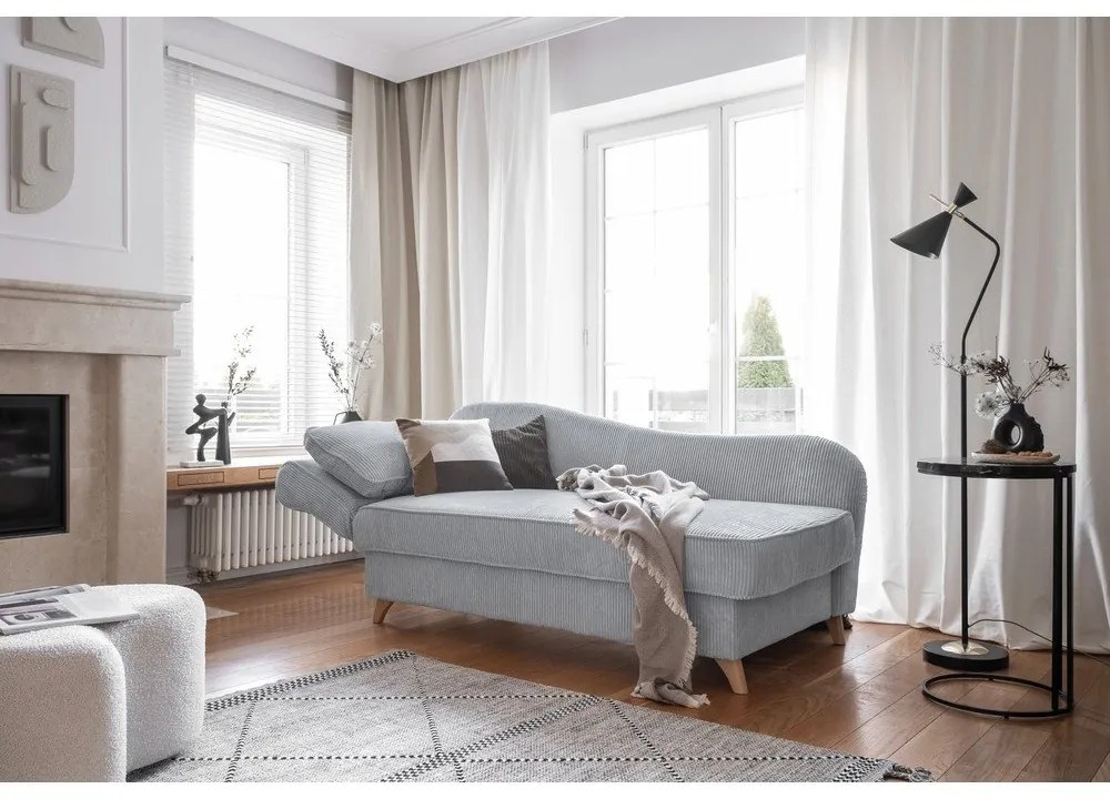 Șezlong gri deschis cu tapițerie din catifea reiată (cu colț pe partea stângă) Chic Charlotte – Miuform