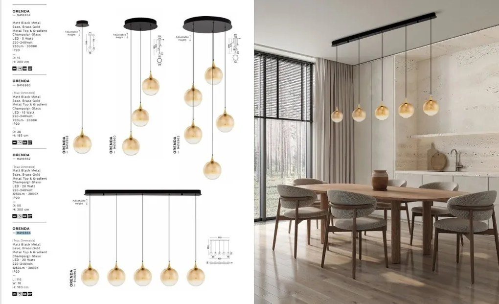 Lustra moderna cu 5 pendule LED, Metal, Sticla, Champaign, ORENDA