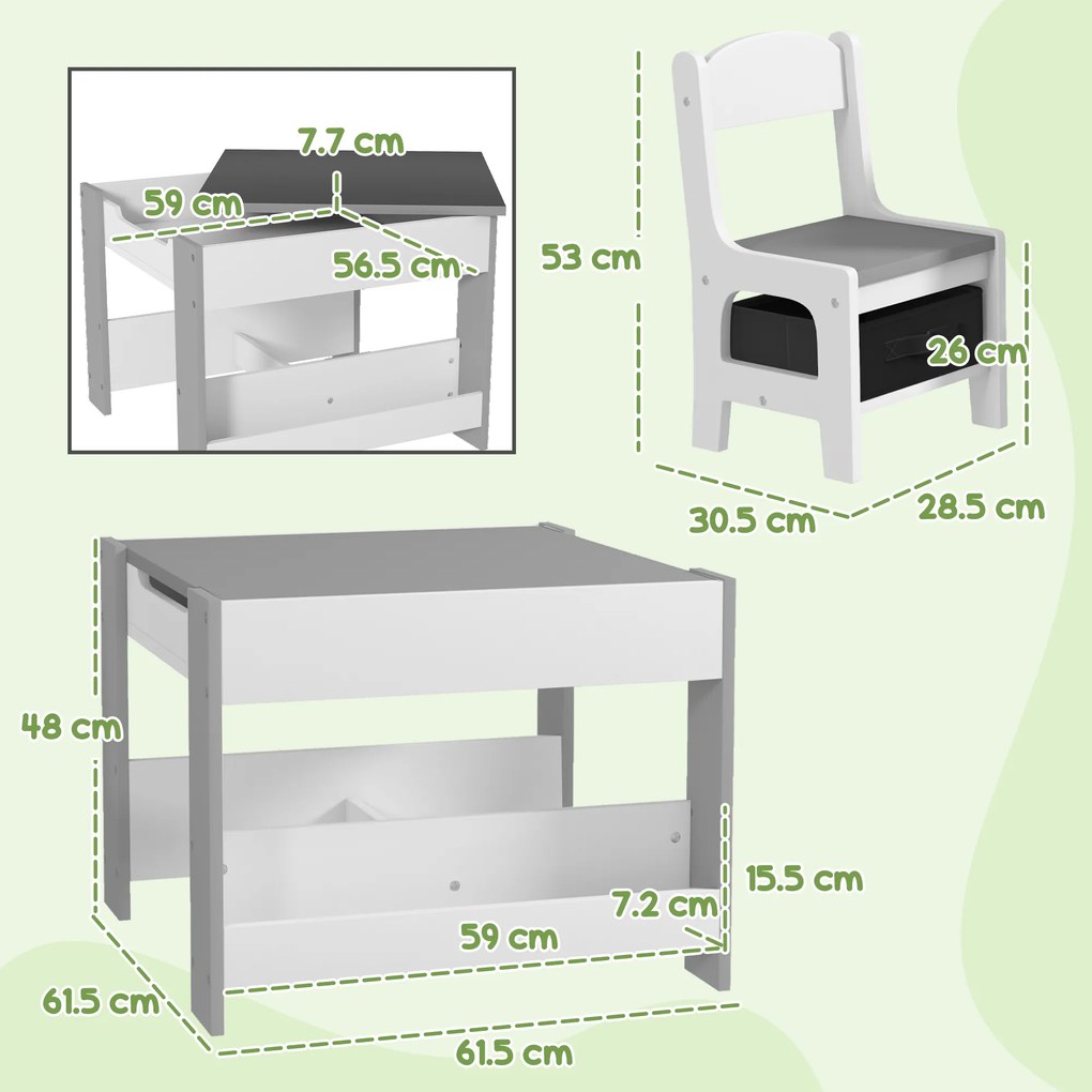 HOMCOM Set de Masă și Scaun pentru Copii, Set de Birou și Scaun pentru Copii 2-în-1 cu Tablă și Rafturi pentru Cărți, 61.5x61.5x48 cm, Gri | Aosom Romania