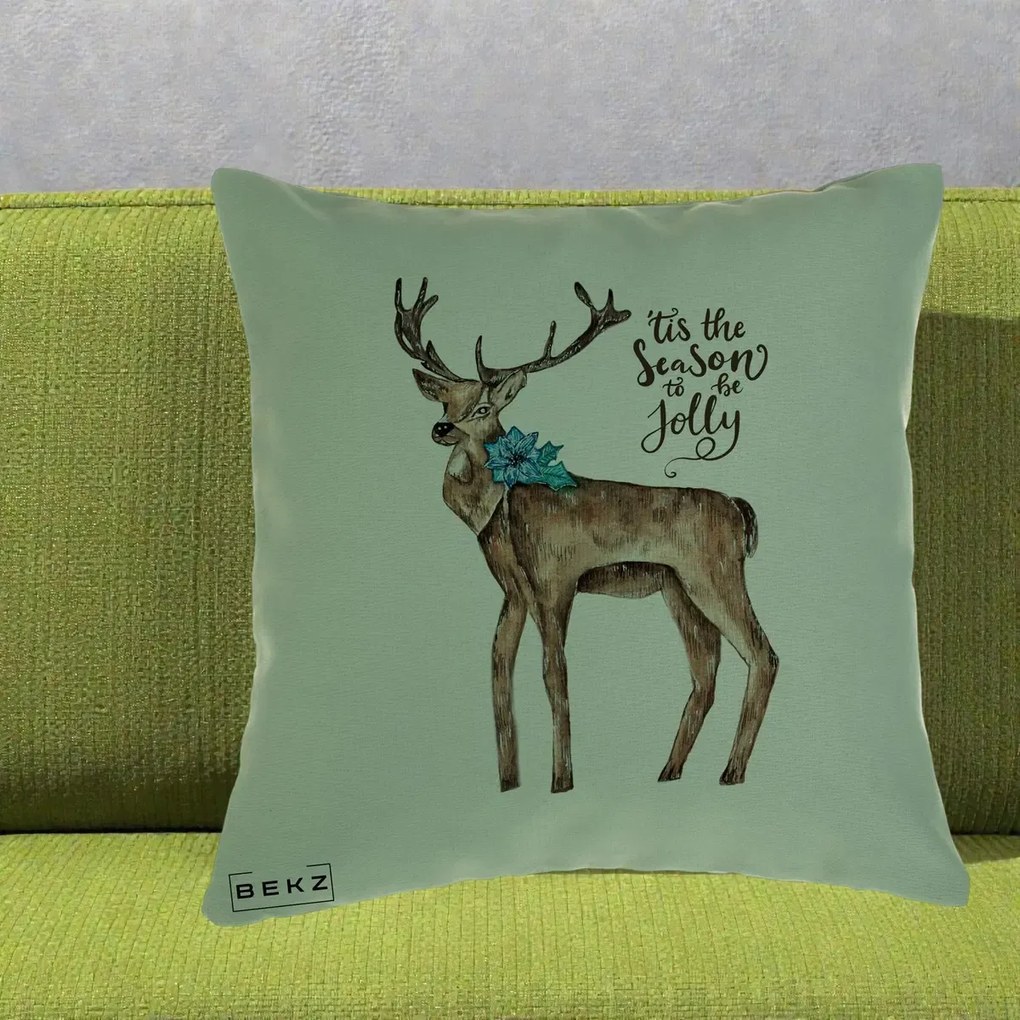 Perna Decorativa Ren Tis the Season to be Jolly, 40x40 cm, Verde, Husa Detasabila, Perna Inclusa, BEKZ®