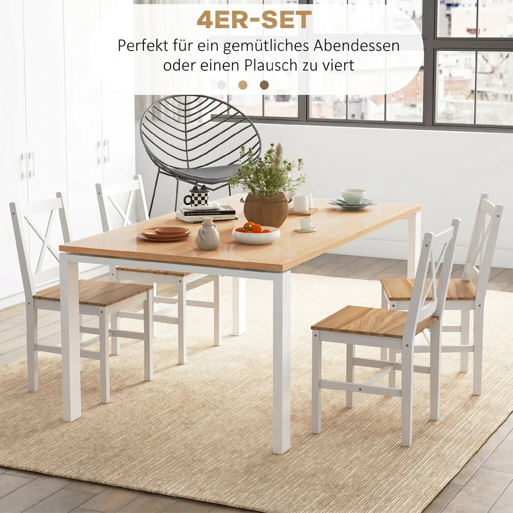 HOMCOM Set 4 Scaune cu Spătar Transversal, Scaune Clasice din Lemn de Pin, 41x46.5x87 cm, Alb | Aosom Romania