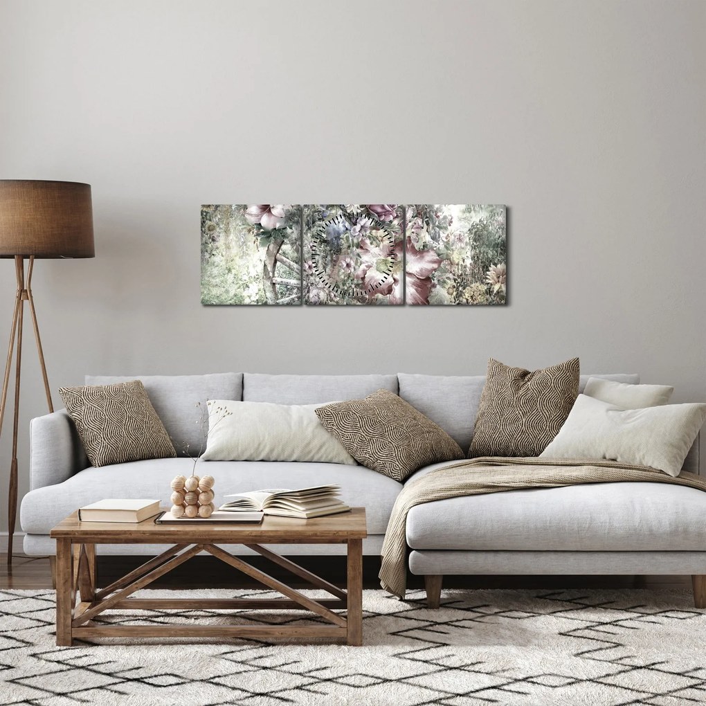 Tablou - Flori pe roata de lemn (cu ceas) (90x30 cm)