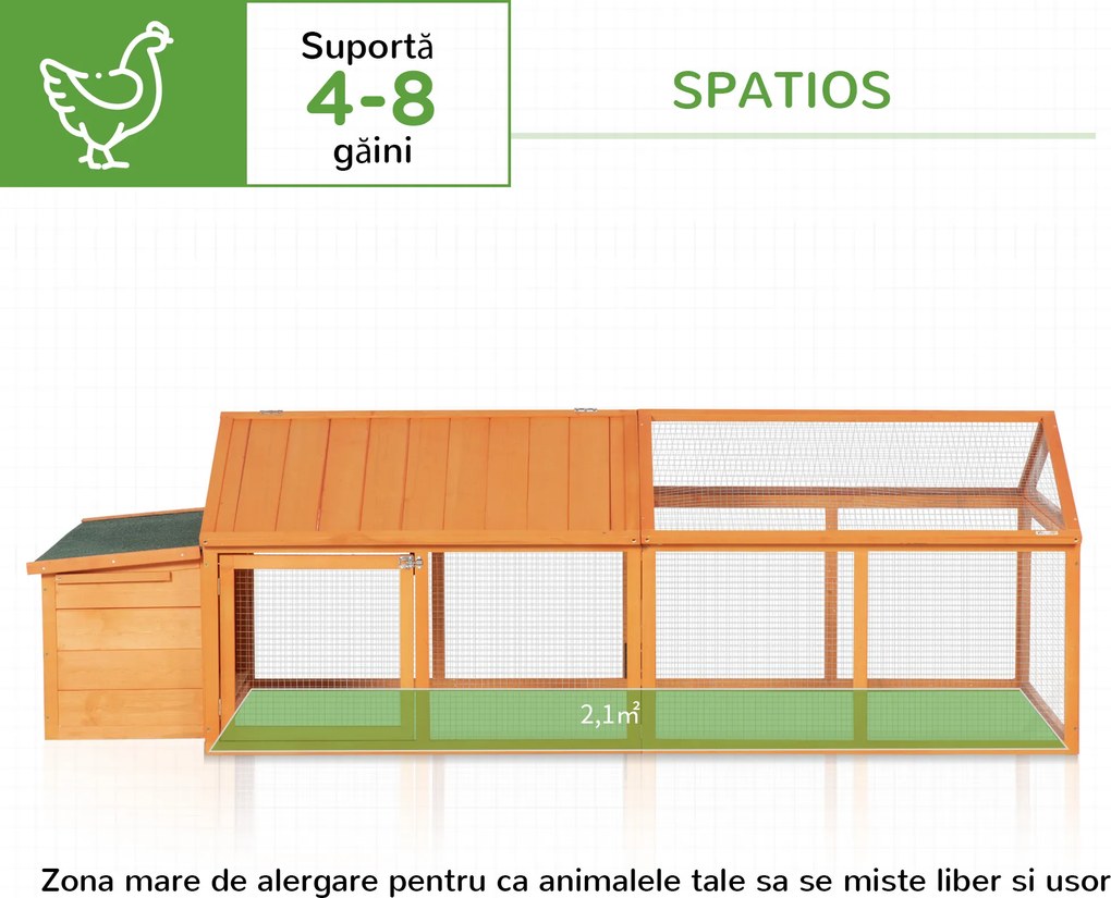 PawHut Coteț pentru Găini de Exterior cu Acoperiș Rabatabil și Ușă Largă Pentru 4-8 Găini, 240x112,5x76 cm, Portocaliu | Aosom Romania