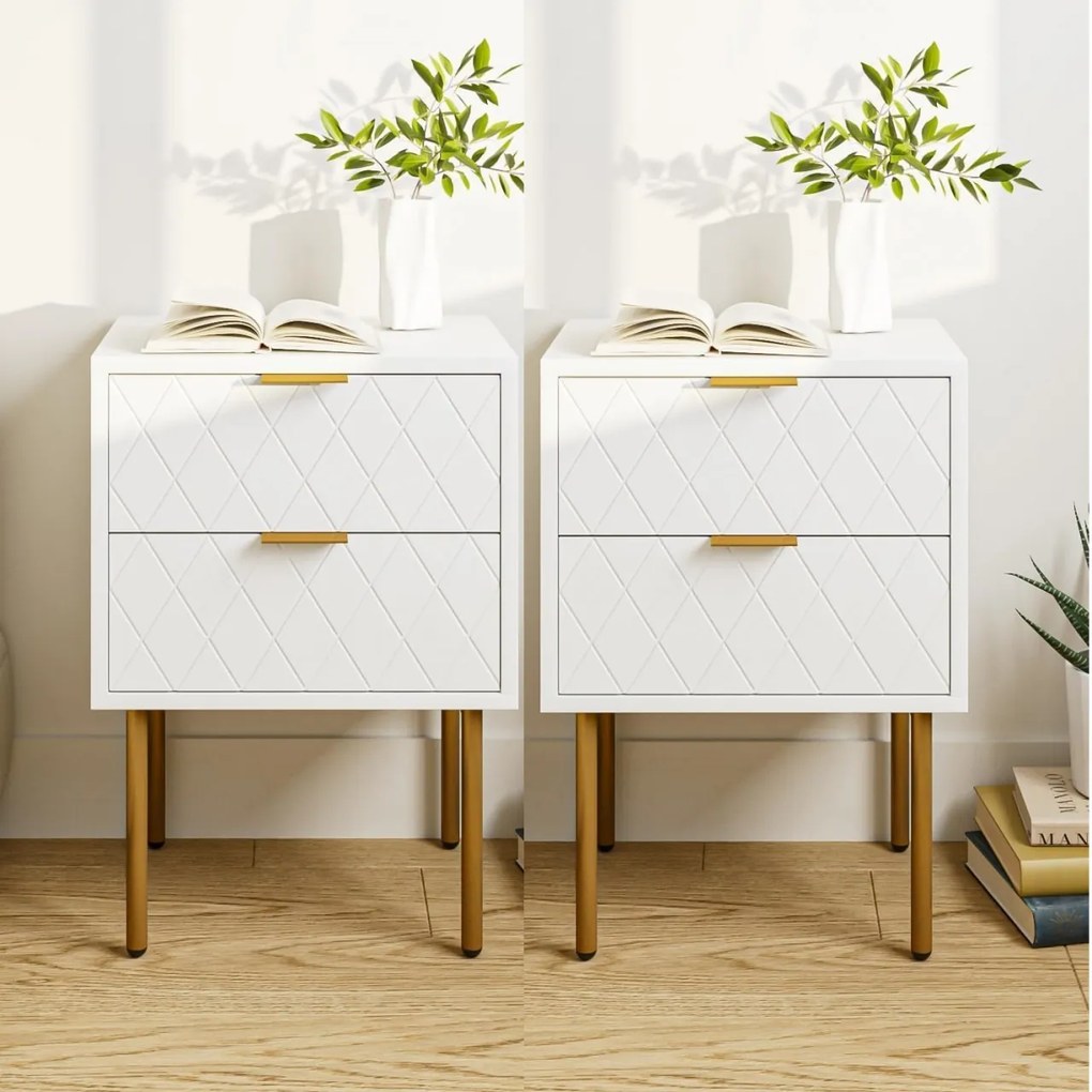 NOA41 - Set 2 Noptiere albe 40 cm, cu 2 sertare, dormitor - Alb-Auriu