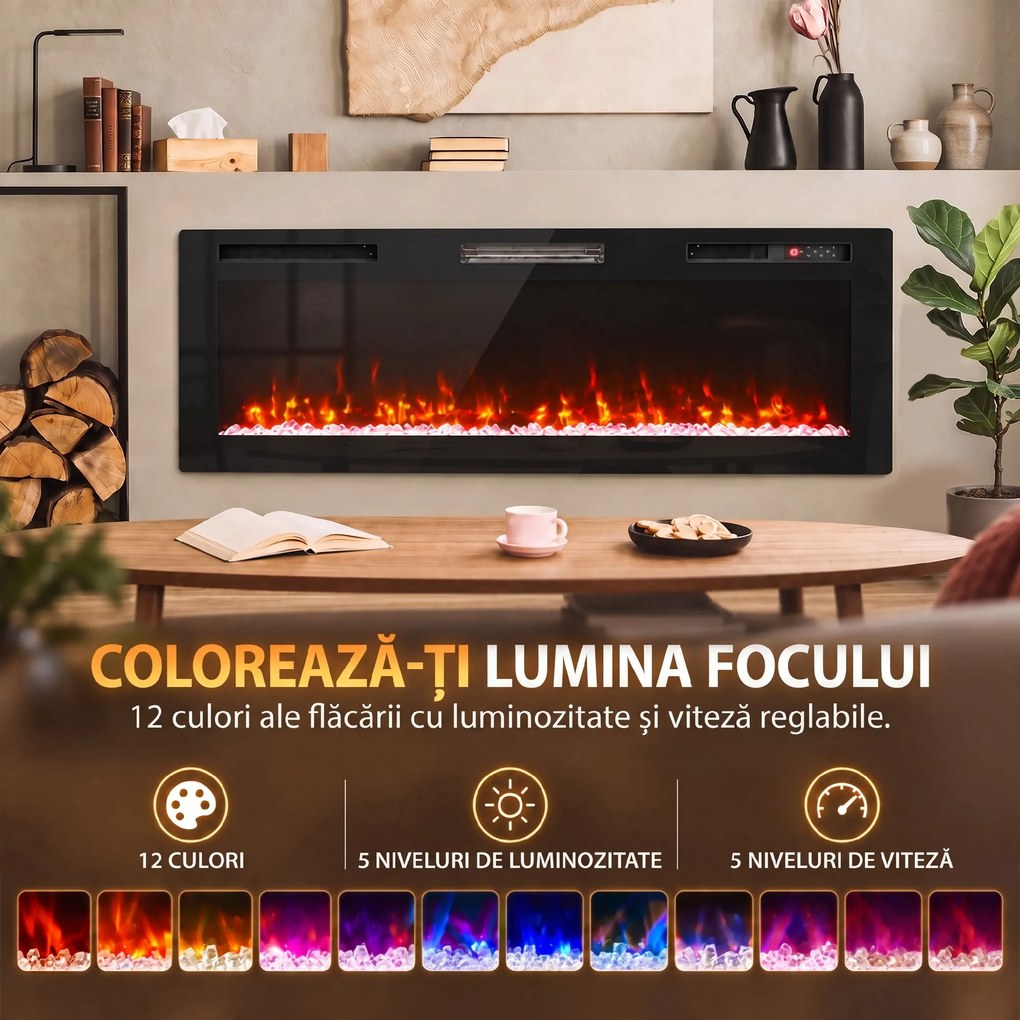 HOMCOM Șemineu electric 153 cm, încastrabil/de perete/de podea, ultrasubțire 8,3 cm, cu telecomandă, 900/1800 W, timer, negru | Aosom Romania