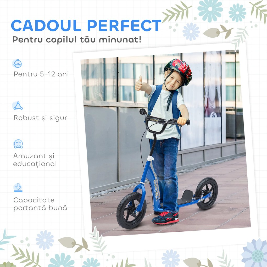 HOMCOM Monopatin cu 2 Roți pentru Copii 5-12 Ani cu Frână Posterioră și Ghidon Reglabil, Monopatin din Oțel și Plastic, 120x52x80-88 cm, Albastru | Aosom Romania