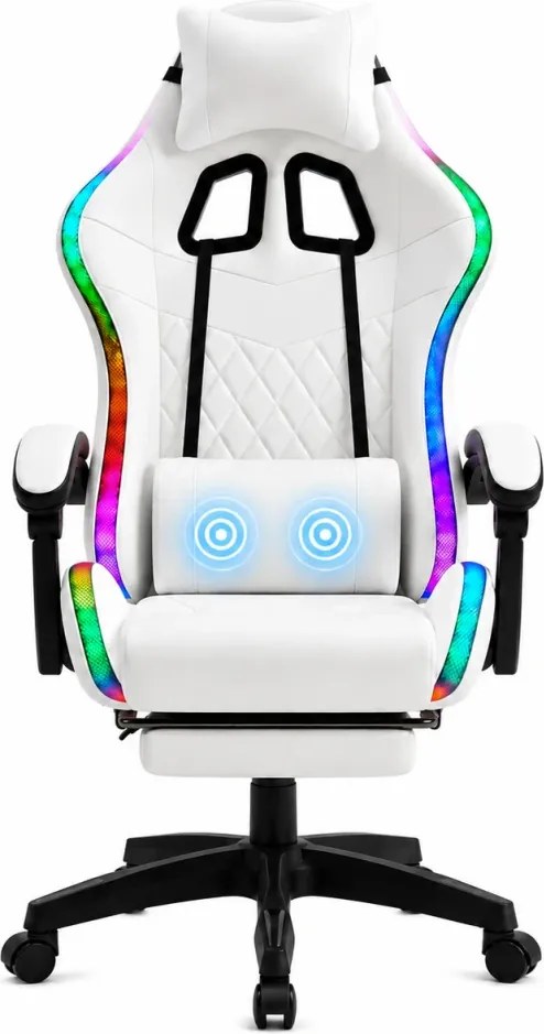 Scaun gaming, sistem iluminare bandă LED RGB, masaj în perna lombară, suport picioare, Alb